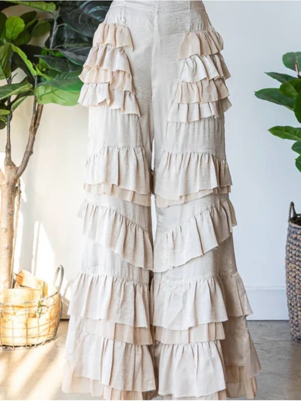 Oli & Hali Cream Tiered Ruffle Wide-Leg Pants